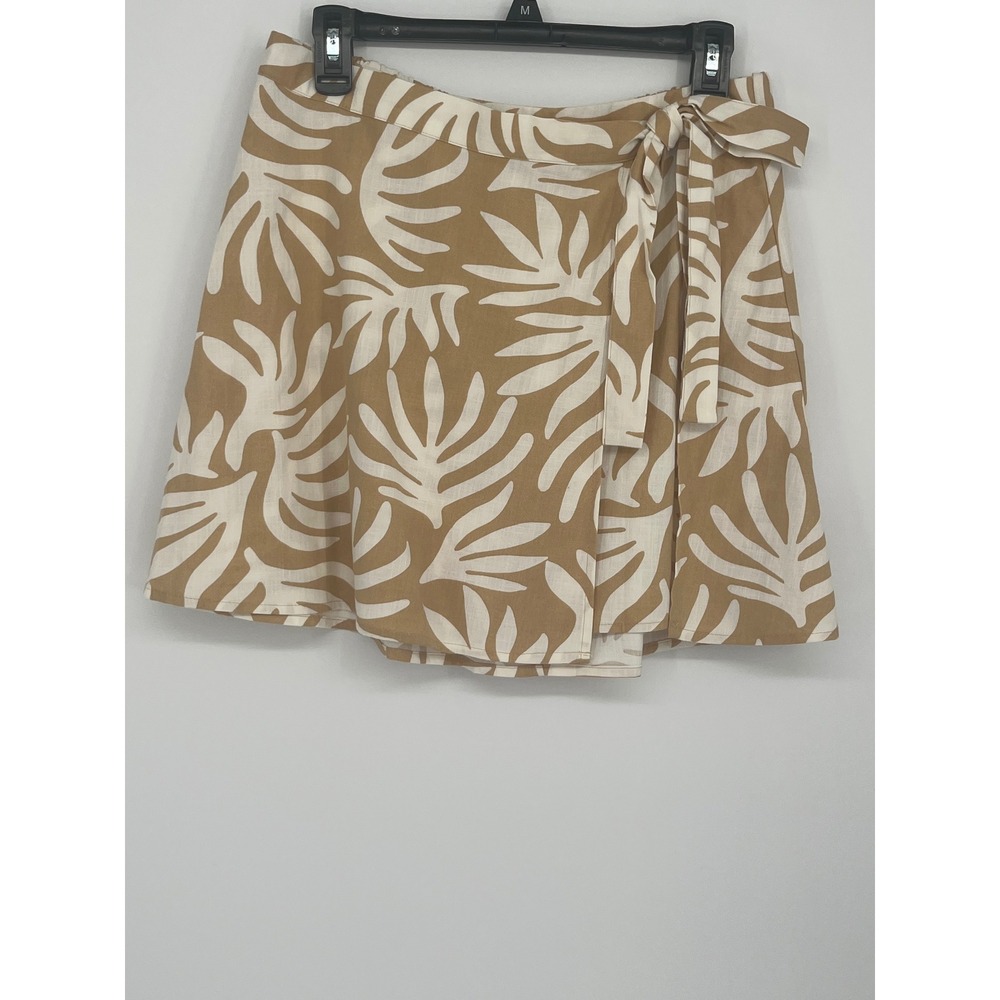 A New Day Leaf Print Tie Mini A-Line Skirt Women M Tan White Tropical Resortwear